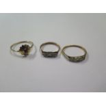 Two 9ct yellow gold rings, approx 2.2 grams, and an 18ct ring, approx 1.8 grams, stones missing to