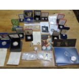 A collection of 14 boxed silver proof coins, silver proof coins in packs and 10 loose silver proof