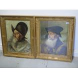 A pair of oil on board portraits of a Scholar and a Conquistador, unsigned, in gilt frames under
