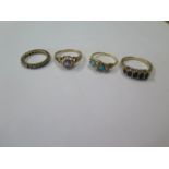 Two hallmarked 9ct yellow gold rings and two gilt metal rings - one stone missing to eternity