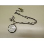 A silver JW Benson key wind pocket watch on chain and lapel brooch, 4cm case, running order with