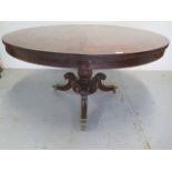 A 19th century mahogany rosewood and walnut cross banded tilt top breakfast table on a carved column