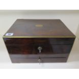 A good brassbound Victorian rosewood jewellery box with a base fitted drawer, Bramah locks and keys,