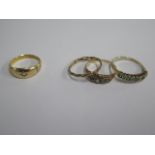 A hallmarked 15ct yellow gold ring, size M, approx 3.2 grams and three 9ct rings, sizes L/O, one