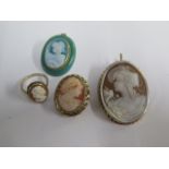 A 9ct yellow gold hallmarked Cameo ring, size P, a 9ct mounted Cameo brooch, cameo brooch 5cm x 3.