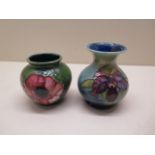 Two small Moorcroft vases, 7.5cm and 9cm tall, both undamaged, overall crazing and water staining