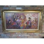 A large Oriental oil on board Wedding scene in a gilt swept frame, frame size 87cm x 147cm