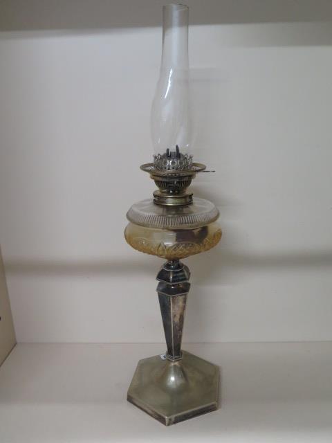 A silver plated oil lamp with glass reservoir and Messangers No2 burner, 71cm tall, some slight wear - Image 3 of 3