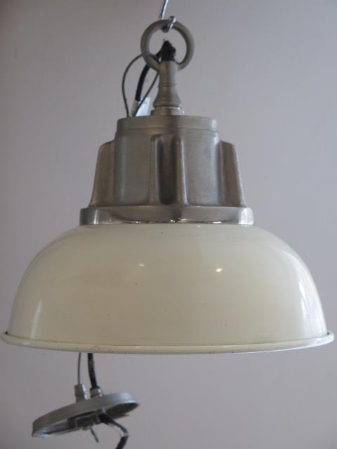 An industrial style cream hanging ceiling lamp, 34cm diameter x 34cm tall