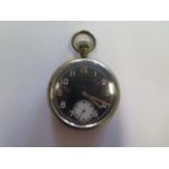 A WWII pocket watch, black dial, 5cm case, stamped G5/TP P40157, some general wear, running, hands