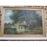 An unsigned modern oil on canvas of Cows by a stream, in a gilt frame, frame size 74cm x 103cm, in