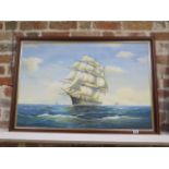 An unsigned modern oil on canvas Tea clipper in full sail, frame size 70cm x 100cm, in good
