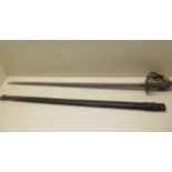 An Officers sword with leather scabbard, blade 83cm long, some wear to grip and scabbard, some