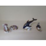 Four Royal Crown Derby paperweights, all 1st quality and good condition, two cats, dolphin and wren