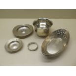 Two silver presentation Armada dishes, a silver bon bon dish, a silver bowl, and napkin ring,