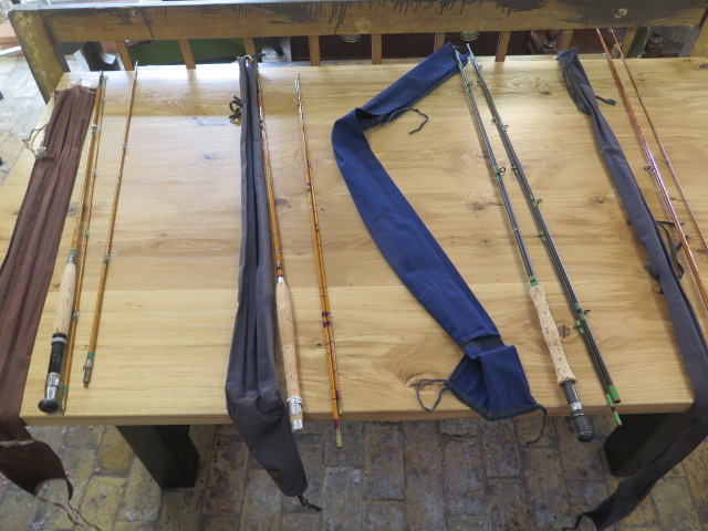 Four refurbished fishing rods, Alcocks 3 piece split cane Peerless, Walkers Manuel 3 piece split