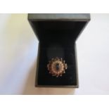 A 9ct yellow gold pearl garnet cluster ring, size S, approx 6 grams, in generally good condition