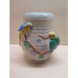 A Clarice Cliff Newport pottery Budgerigar relief decorated vase, 21cm tall, in good condition