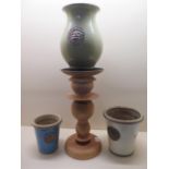 Three Kew Botanic Gardens pots, tallest 26cm, and a wooden stand 41cm tall