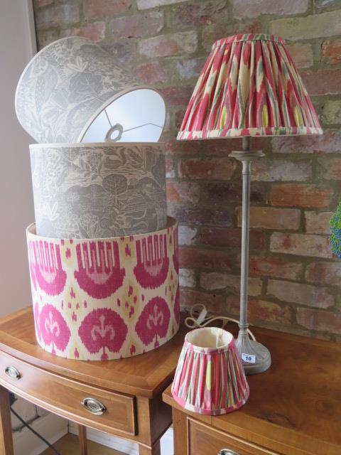 Two Sam Wilson owl and fox lampshades, 40cm and 30cm, a Pooky lamp with shade and mini shade and a