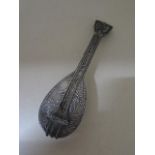 A Continental white metal lute, 16cm long, approx 2.1 troy oz, top may be missing a piece