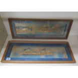 A pair of Oriental cork relief landscapes with pagodas to the foreground, frame size 23cm x 63cm