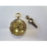 An 18ct yellow gold key wind pocket watch with base metal dust cover, 36mm case, running,