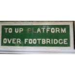 A modern Railway sign with metal letters TO UP PLATFORM OVER FOOTBRIDGE, 60cm x 164cm