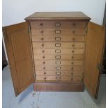 A 1900s oak 2 door collectors / specimen chest with 10 drawers removed from a Cambridge College,