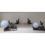 Two Art Deco style bird table lamps with marble bases and a similar framed base, 43cm long,