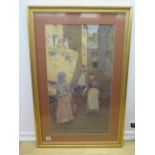 Henry M Rheam, watercolour of ladies in a Cornish street, dated 1889, in a modern gilt frame,