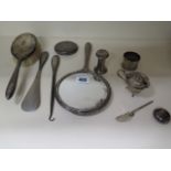 A part silver dressing set and other assorted silver items including a compact, weighable silver