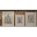 John Sell Cotman, 3 gilt framed etchings - Walsingham Abbey Gate, South door Tottenhill church and