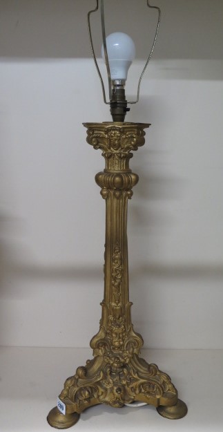 An impressive gilt painted bronze triform column table lamp, 57cm tall, not including light fitting