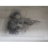 D C Sturqu ? etching of a boy playing the violin, signed to edge, frame size 43cm x 56cm, staining