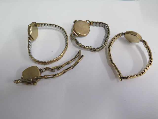 A 9ct yellow gold watch on a sprung 9ct strap approx 14.4 grams and 3 9ct watches on plated - Image 3 of 4