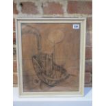 Peter Nuttall, ink sketch of a tug boat, frame size 43cm x 36cm, good condition