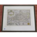 William Kip a coloured map of Dorcestriae in an ebonised frame, frame size 47cm x 56cm, generally