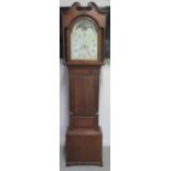 An oak and mahogany 8 day striking longcase clock with a 14" moonroller painted dial, standing 223cm