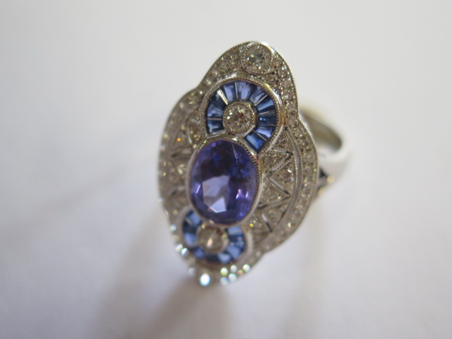 A good 750 white gold Art Deco style tanzanite, sapphire and diamond ring, tanzanite approx 1.9ct, - Image 4 of 6