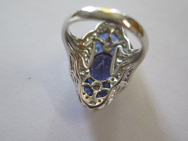 A good 750 white gold Art Deco style tanzanite, sapphire and diamond ring, tanzanite approx 1.9ct, - Image 5 of 6