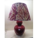 An OKA double gourd red crackle glaze table lamp, working, with shade 70cm tall