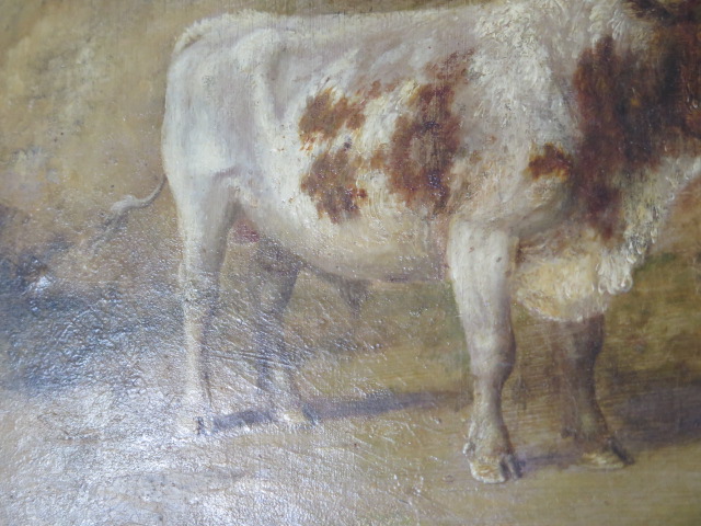 An unsigned oil on wooden panel Country scene with a cow a farmer and gentleman, in a gilt frame, - Image 3 of 5