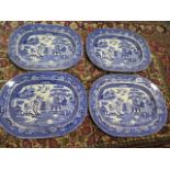 4 blue and white Willow pattern serving plates, 39cm x 32cm, all generally good