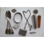 A collection of silver to include 3 spoons, bangle, vesta on chain, 3 brooches, a fob and a cigar