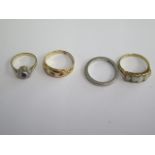 3 x unhallmarked yellow gold rings, sizes G to N, approx 8.8 grams, and a platinum band ring, size