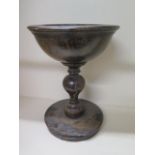 A turned wooden antique bowl on stand, 37cm tall x 22cm diameter, in worn repaired condition with