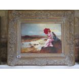 An oil on board ladies looking out to sea in a gilt swept frame, 55cm x 65cm