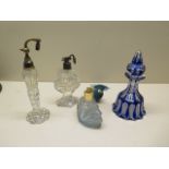 A collection of perfume bottles, blue bottle stopper stuck, chips to base others reasonably good