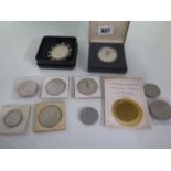 A silver Royal Wedding witness medal, 6 American Dollars, 4 other coins and a 1780 re-strike